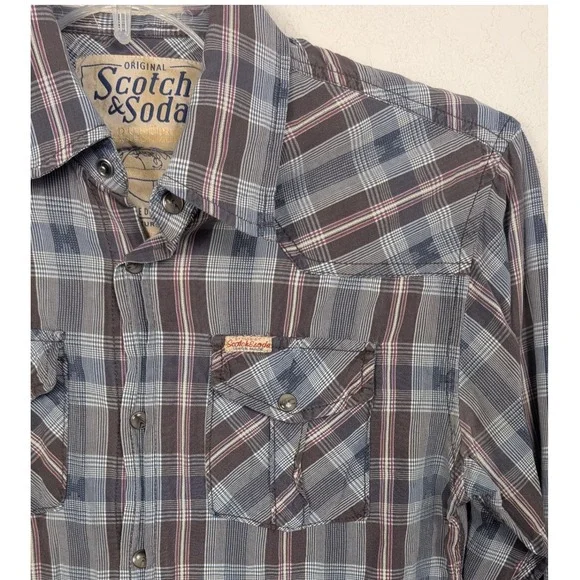Scotch & Soda Western Shirt Mens S Blue Plaid Pearl Snap Long Sleeve Retro Vibe - Picture 1 of 7
